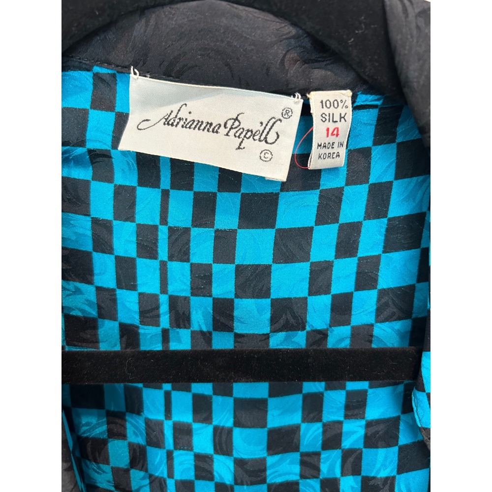 Adrianna Papell 80s 90s Silk Checkerboard Dress Teal Black Bow Vintage Size 14 - Picture 6 of 8